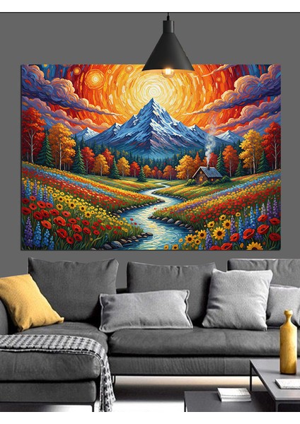 Dağlar Çiçek Tarlası Manzara Dekoratif Kanvas - Mdf Ahşap Tablo