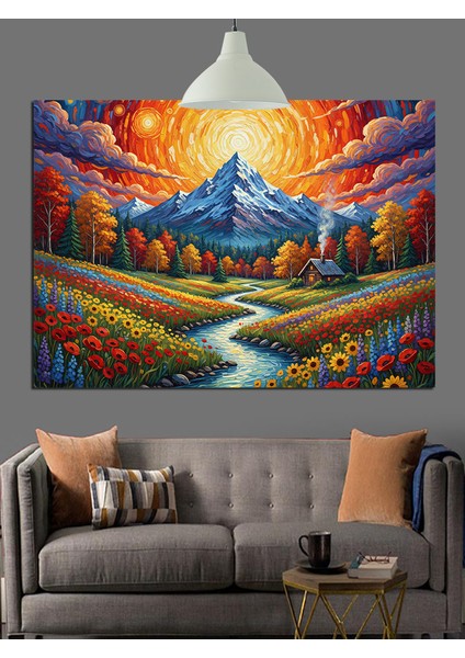 Dağlar Çiçek Tarlası Manzara Dekoratif Kanvas - Mdf Ahşap Tablo fiyatları
