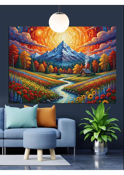 Dağlar Çiçek Tarlası Manzara Dekoratif Kanvas - Mdf Ahşap Tablo fırsatları