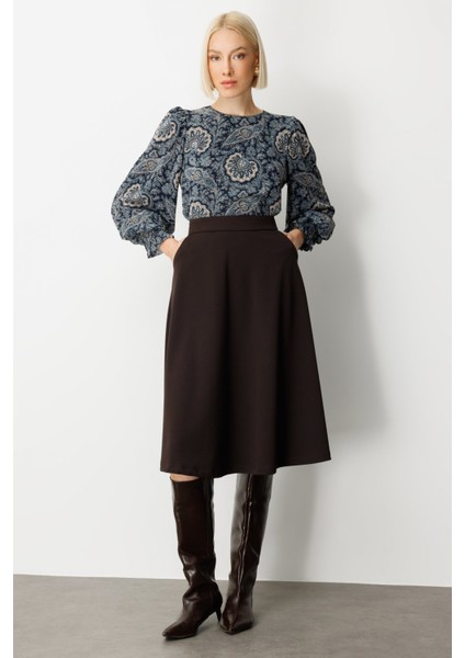 Kadın Beli Lastikli Volanlı Midi Etek 2023 Kahverengi fiyatları