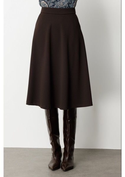 Kadın Beli Lastikli Volanlı Midi Etek 2023 Kahverengi modelleri