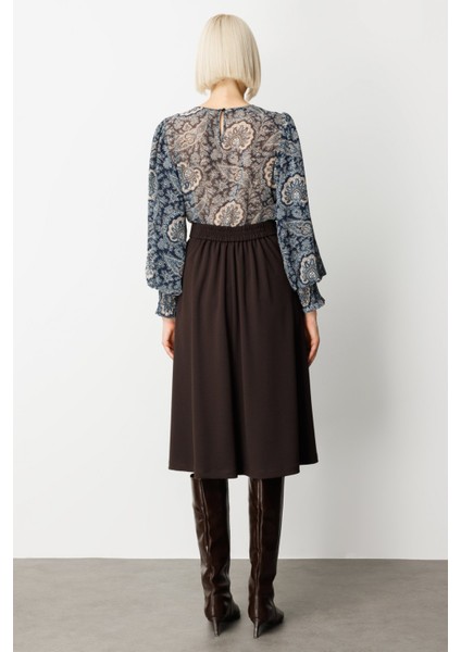 Kadın Beli Lastikli Volanlı Midi Etek 2023 Kahverengi fırsatları