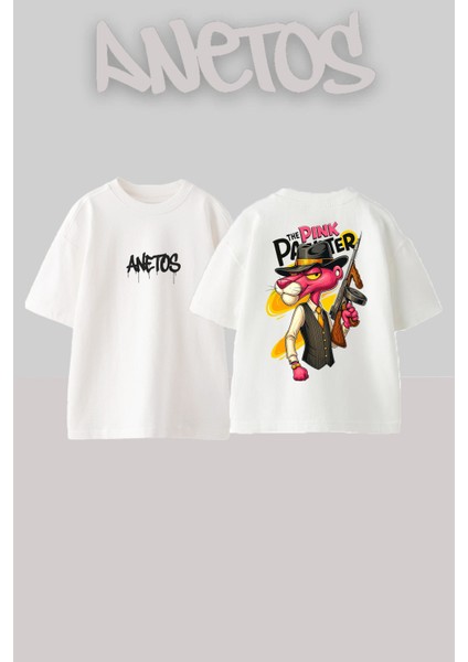 Pink Panter 3 Tasarım Sırt Baskılı Pamuk Beyaz Oversize T-Shirt