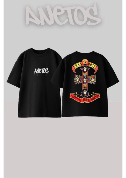 Guns N' Roses 9 Tasarım Sırt Baskılı Pamuk Siyah Oversize T-Shirt