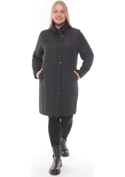 Reva Kapüşonlu Kapitone Kışlık Lacivert Büyük Beden Kadın Mont