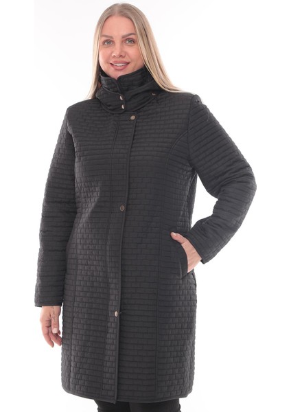 Reva Kapüşonlu Kapitone Kışlık Lacivert Büyük Beden Kadın Mont