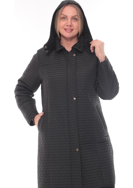 Reva Kapüşonlu Kapitone Kışlık Lacivert Büyük Beden Kadın Mont