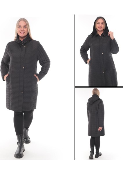 Reva Kapüşonlu Kapitone Kışlık Lacivert Büyük Beden Kadın Mont