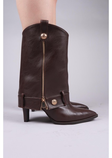 Junın Kat Görünümlü Fermuar Aksesuarlı Yarım Çizme Kahverengi