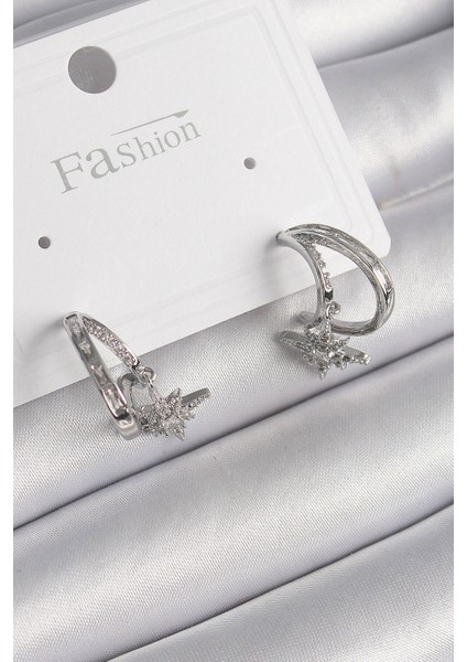 Pirinç Gümüş Renk Zirkon Taşlı Halka Model Sallantı Yıldız Detay Kadın Küpe