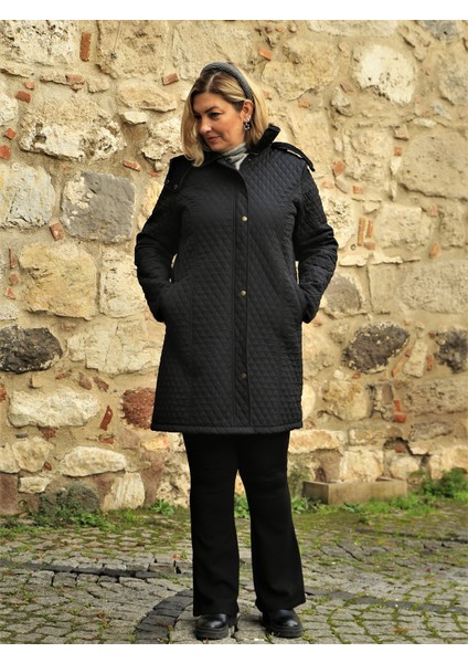 Reva Kapüşonlu Kapitone Kışlık Lacivert Büyük Beden Kadın Mont