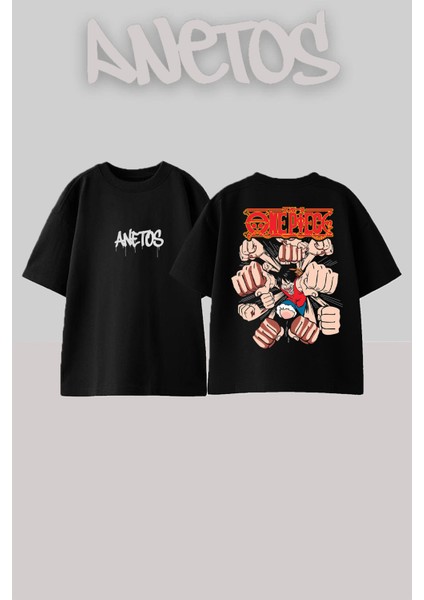 One Pıace Tasarım Sırt Baskılı Pamuk Siyah Oversize T-Shirt