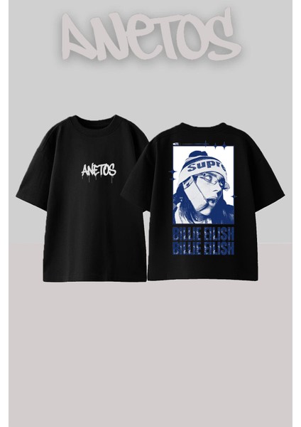 Billie Eilish 8 Tasarım Sırt Baskılı Pamuk Siyah Oversize T-Shirt