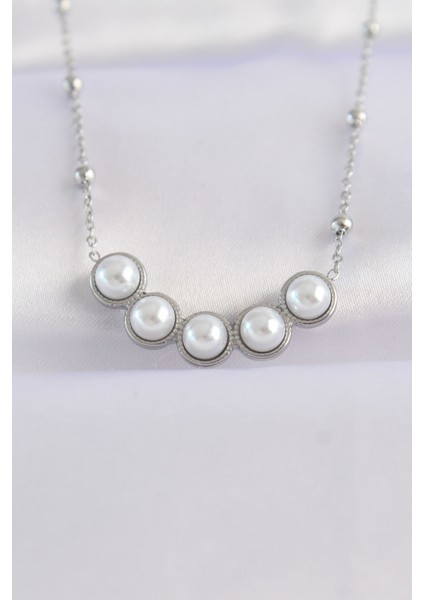 316L Çelik Zincir Gümüş Renk Sıralı İnci Taşlı Kolye