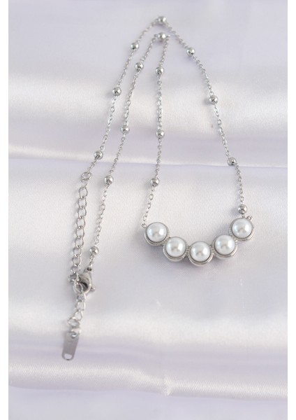 316L Çelik Zincir Gümüş Renk Sıralı İnci Taşlı Kolye fiyatları