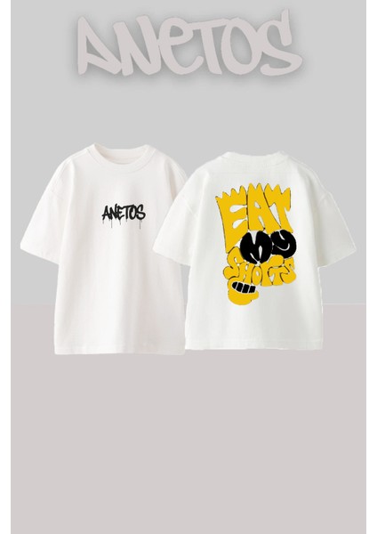 Simson 3 Tasarım Sırt Baskılı Pamuk Beyaz Oversize T-Shirt