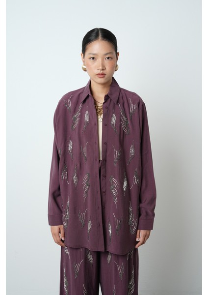 Kadın Önü Taş Işlemeli Düz Renk Oversize Gömlek