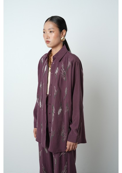 Kadın Önü Taş Işlemeli Düz Renk Oversize Gömlek fiyatları