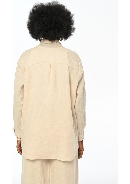 Kadın Önü Yapıştırma Taş Işlemeli Bej Renk Gömlek fiyatları