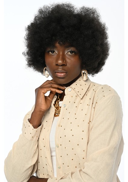 Kadın Önü Yapıştırma Taş Işlemeli Bej Renk Gömlek modelleri