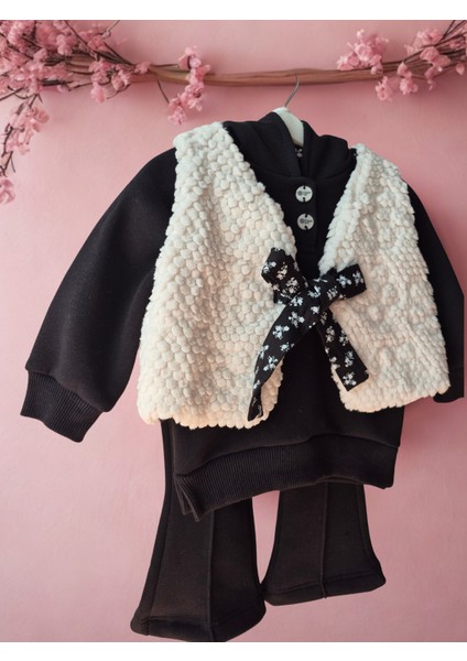 Kız Bebek 3'lü Kış Kombini – Siyah Kapüşonlu Sweat, Popcorn Dokulu Yelek, Pantolon indirimleri