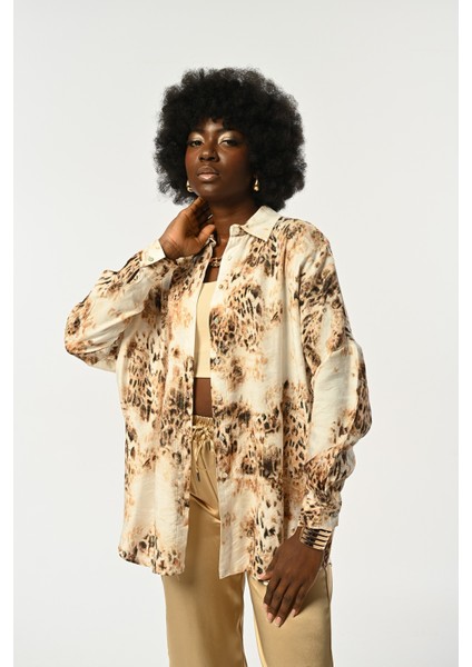 Kadın Leopar Desenli Oversize Kesim Gömlek