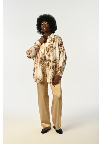 Kadın Leopar Desenli Oversize Kesim Gömlek modelleri