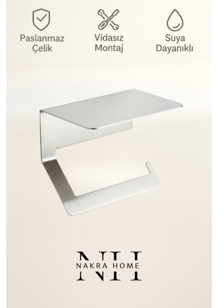 Paslanmaz Çelik Yapışkanlı Tuvalet Kağıdı Askılığı Raflı | Delmeden Montaj | Neme Dayanıklı