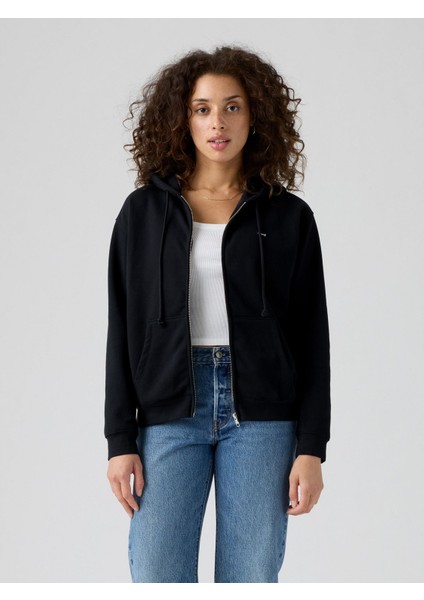 Kadın Fermuarlı Kapüşon Yaka Siyah Sweatshirt 001U1-0000
