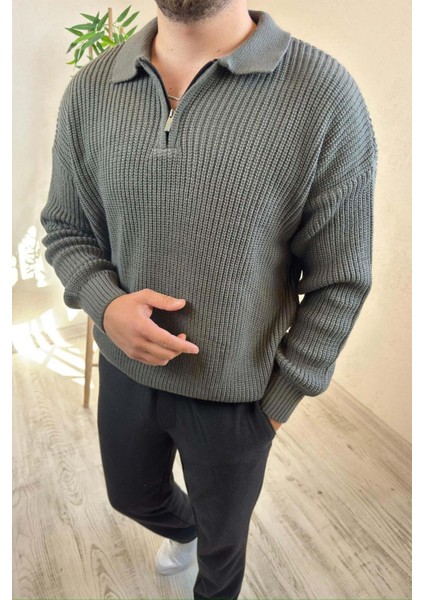 Erkek Gri Fermuarlı Polo Yaka Oversize Triko Kazak