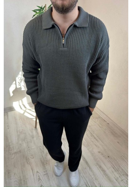 Erkek Gri Fermuarlı Polo Yaka Oversize Triko Kazak fiyatları