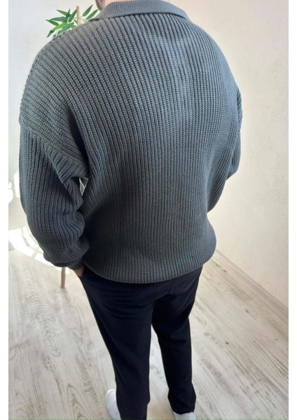 Erkek Gri Fermuarlı Polo Yaka Oversize Triko Kazak modelleri