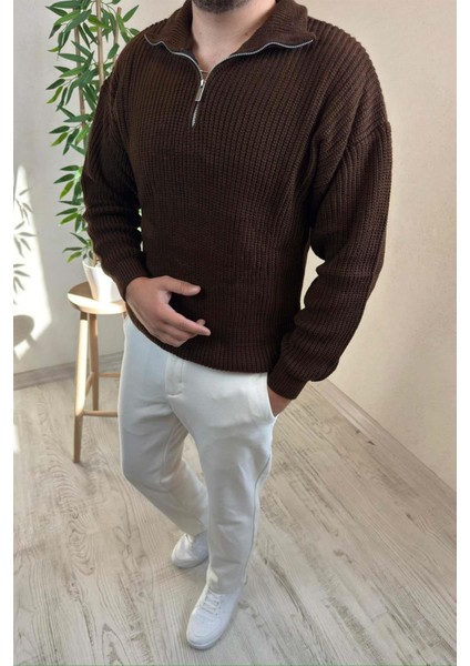 Erkek Kahve Fermuarlı Oversize Triko Kazak