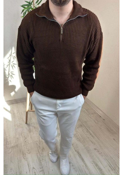 Erkek Kahve Fermuarlı Oversize Triko Kazak fiyatları