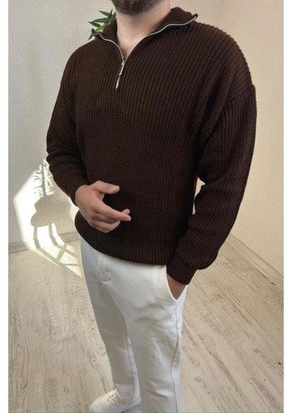 Erkek Kahve Fermuarlı Oversize Triko Kazak modelleri