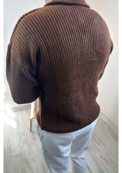 Erkek Kahve Fermuarlı Oversize Triko Kazak fırsatları