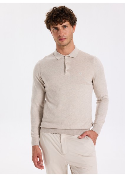 Polo Yaka Basic Düz Bej Melanj Erkek Kazak F5WM-KZK 2553