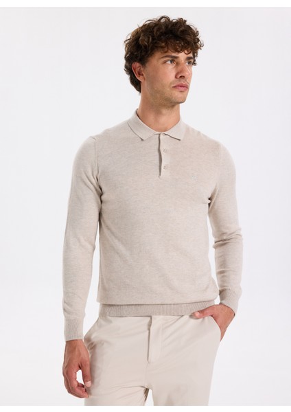 Polo Yaka Basic Düz Bej Melanj Erkek Kazak F5WM-KZK 2553 modelleri