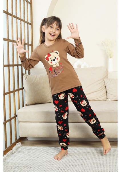 Kız Çocuk Ayıcık Baskılı %100 Pamuk Interlok Kumaş Pijama Takımı 12347