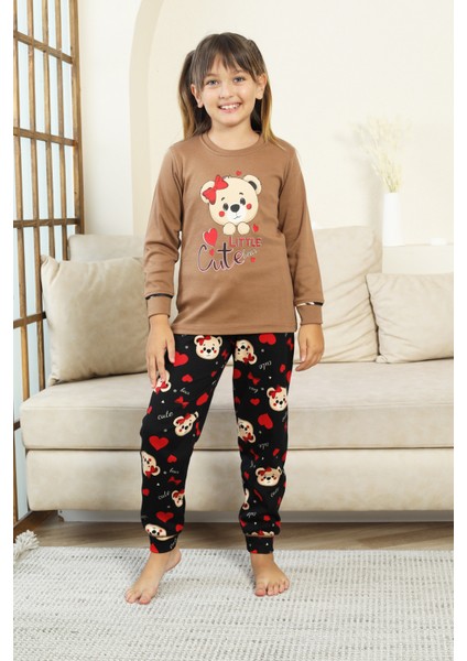 Kız Çocuk Ayıcık Baskılı %100 Pamuk Interlok Kumaş Pijama Takımı 12347 modelleri
