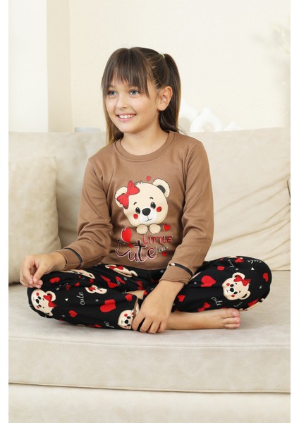 Kız Çocuk Ayıcık Baskılı %100 Pamuk Interlok Kumaş Pijama Takımı 12347 fırsatları