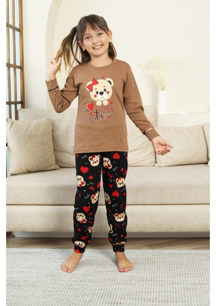 Kız Çocuk Ayıcık Baskılı %100 Pamuk Interlok Kumaş Pijama Takımı 12347 indirimleri