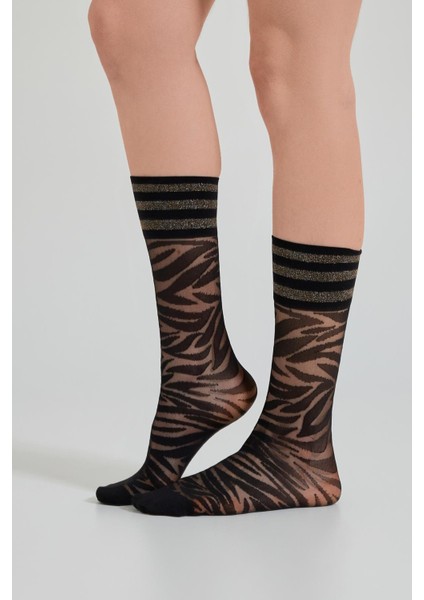 Kadın Zebra Desenli İnce Soket Çorap Siyah/Silver fırsatları
