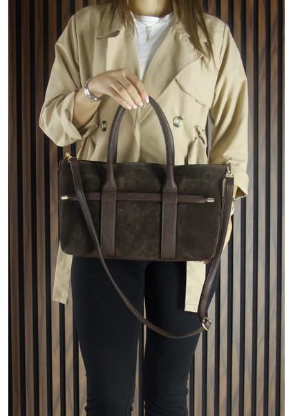 Bitter Hakiki Dana Süet Fermuarlı Üç Bölmeli Iç Cepli Askılı Orta Boy Günlük Omuz Çantası