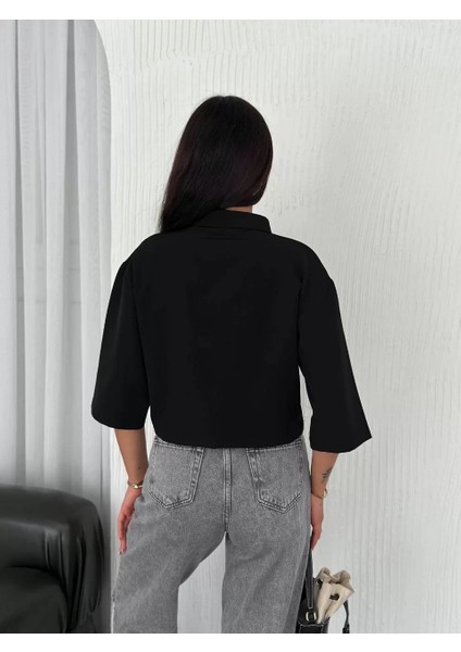Z Krep Kadın Crop Yakalı Gömlek Ilik Düğmeli Üç Çeyrek Sleeve Kol - Siyah modelleri
