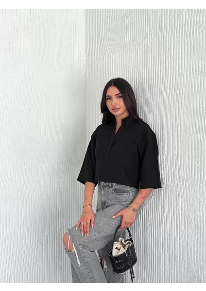 Z Krep Kadın Crop Yakalı Gömlek Ilik Düğmeli Üç Çeyrek Sleeve Kol - Siyah fırsatları
