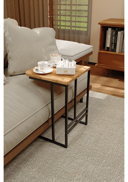 Zigon ve Yan Sehpa Ahşap Metal Tasarım Çam Traverten Renk Taşınabilir Kullanışlı Dekoratif Modern