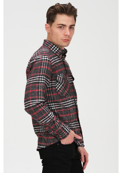Erkek Siyah Beyaz Kareli Flanel Oduncu Kışlık Cepsiz Gömlek Overshirt
