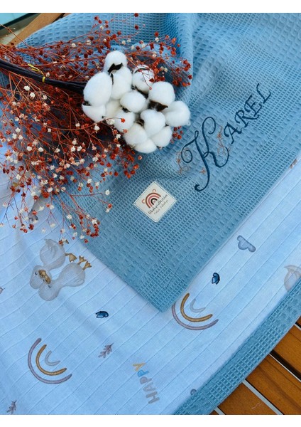 Ftbabycollection Çift Taraflı Kişiye Özel Isim Nakışlı Waffle Pike & Müslin Bebek BATTANIYESI 90X100 CM
