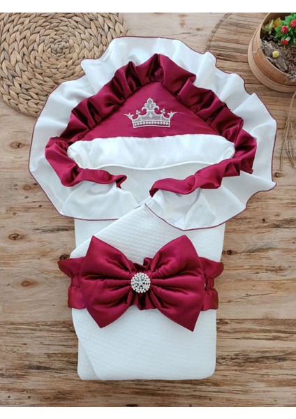 Litaetrend Yenidoğan Mehtap Lüks Kelebek Taç Nakışlı Bebek Battaniyesi Kundak Bordo